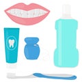 Oral cavity treatment brushing teeth toothpaste toothbrush dental floss vector illustration Royalty Free Stock Photo